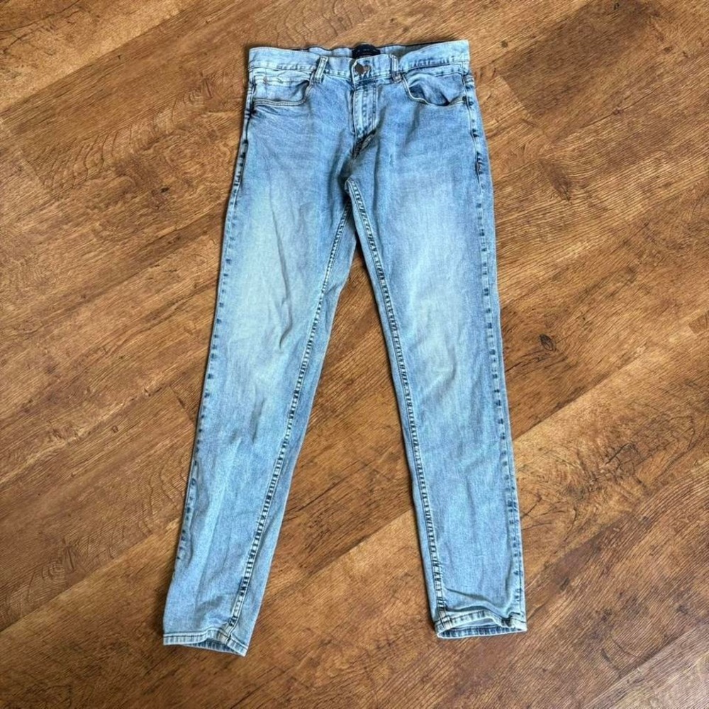 Blue Zara Man smart fit slim skinny jeans with distressed crotch area, skater